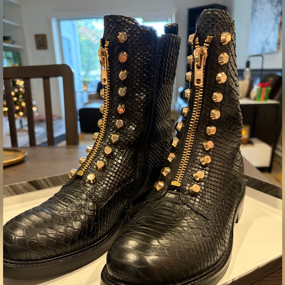 Jeffrey Campbell studded front-zip combat boots - black snake embossed size 10